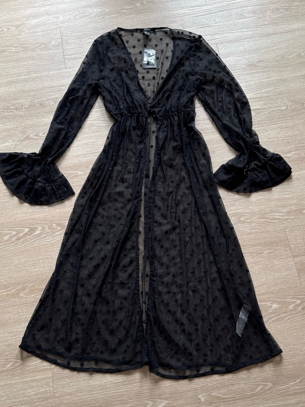 Forever 21 Sheer Black Flower Print Mesh Maxi Cover-Up with Ruffle Sleeves